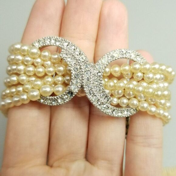 Vintage Six Strand Faux Pearl and Rhinestone Clasp Bracelet, Retro Fancy Formal - Picture 3 of 10